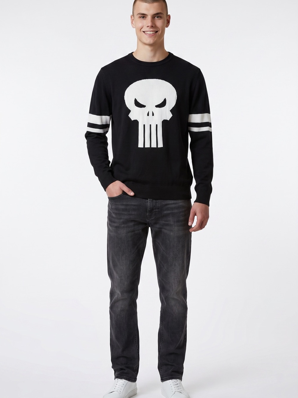 Bioworld Black and White Marvel Punisher Crewneck Sweater